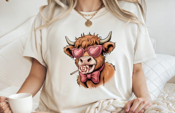 Highland Cow Valentine Shirt Design PNG Review