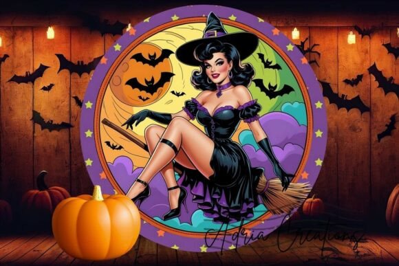 Retro Halloween Pin-up Style Witch Png