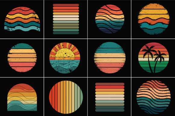 Retro Wave Sunset Icons Set Review